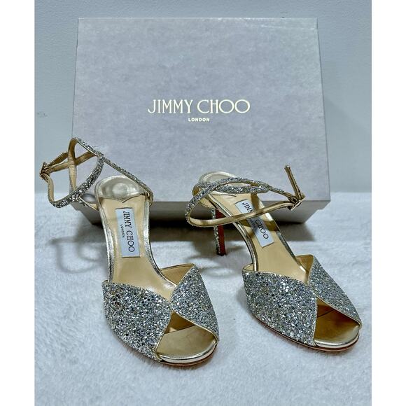 Jimmy Choo Women Sacora 85mm Glitter Sandals in Champagne - Picture 2 of 9